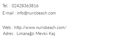 Nuri's Beach Bungalow telefon numaralar, faks, e-mail, posta adresi ve iletiim bilgileri